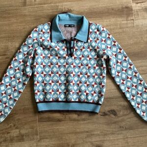 SHEIN Geometric Patterned Sweater with Blue Collar